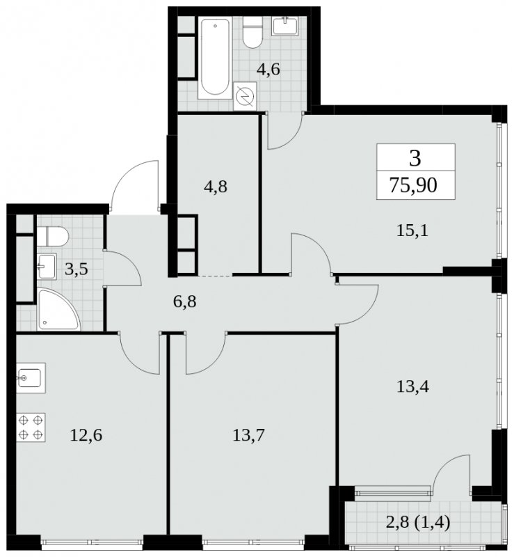 3-комнатная квартира без отделки, 75.9 м2, 29 этаж, сдача 2 квартал 2025 г., ЖК Южные сады, корпус 2.4 - объявление 1760415 - фото №1