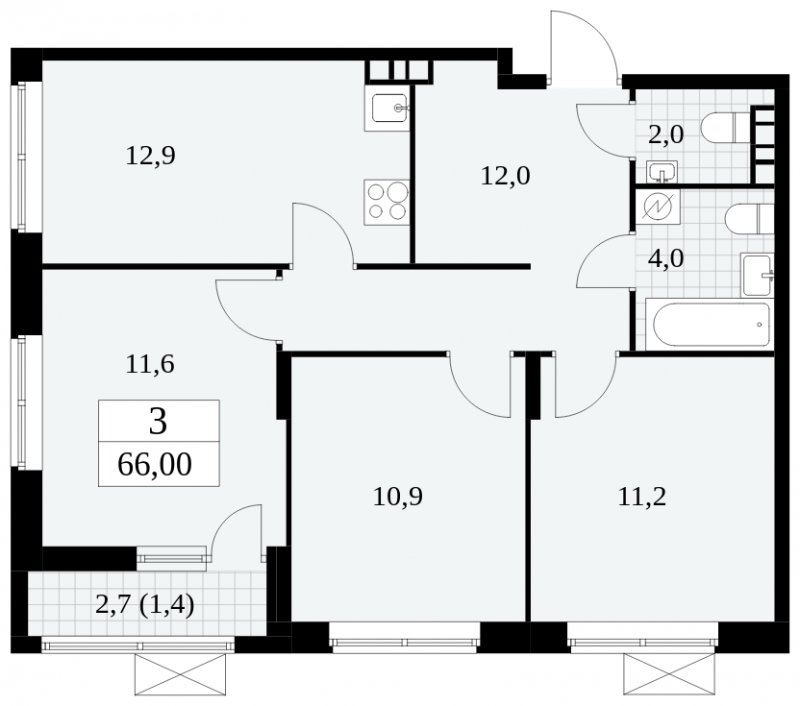 3-комнатная квартира с частичной отделкой, 66 м2, 3 этаж, сдача 1 квартал 2025 г., ЖК Прокшино, корпус 5.2.2 - объявление 1752146 - фото №1