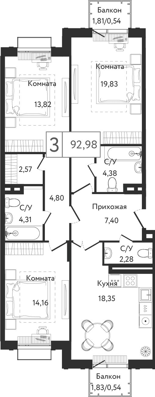 3-комнатная квартира без отделки, 92.98 м2, 3 этаж, сдача 3 квартал 2023 г., ЖК Dream Towers, корпус 3 - объявление 2261241 - фото №1