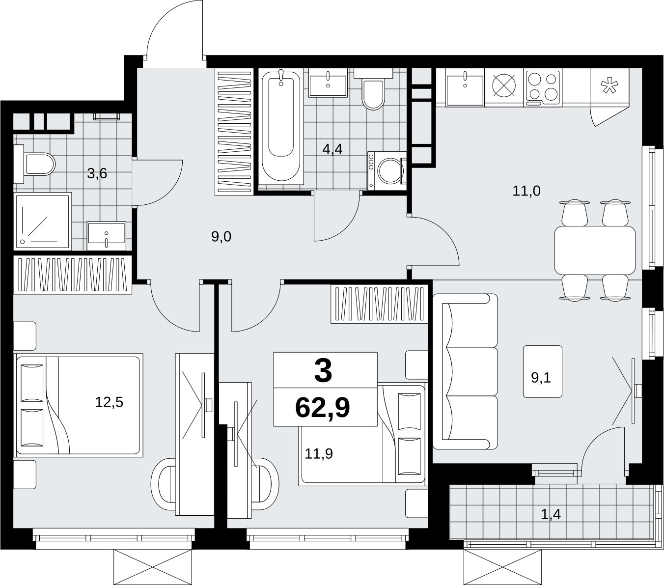 3-комнатная квартира (евро) без отделки, 62.9 м2, 7 этаж, сдача 4 квартал 2026 г., ЖК Скандинавия, корпус 2.18.2.5 - объявление 2351672 - фото №1
