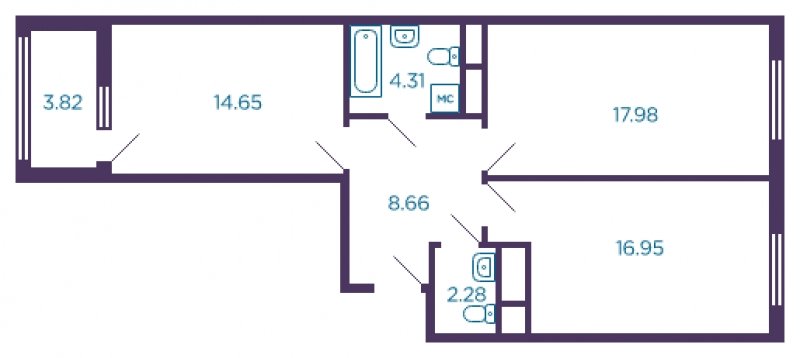 2-комнатная квартира без отделки, 66.74 м2, 5 этаж, сдача 4 квартал 2022 г., ЖК Миниполис Дивное, корпус 3 - объявление 1713074 - фото №1