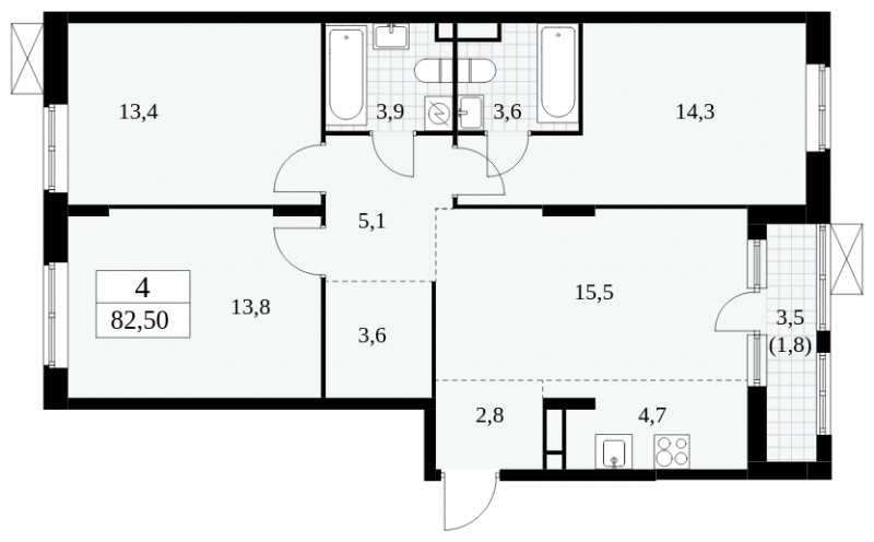 4-комнатная квартира (евро) без отделки, 82.5 м2, 10 этаж, сдача 1 квартал 2025 г., ЖК Прокшино, корпус 5.1.4 - объявление 1811055 - фото №1