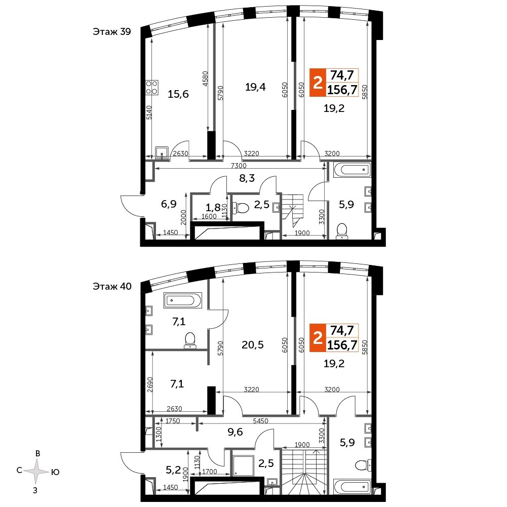 4-комнатная квартира без отделки, 156.7 м2, 39 этаж, сдача 3 квартал 2024 г., ЖК Sydney City, корпус 2.2 - объявление 2282956 - фото №1