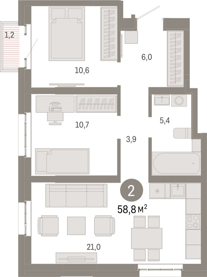 2-комнатная квартира 58.8 м2, 22 этаж, сдача 3 квартал 2026 г., ЖК Квартал Метроном, корпус 1 - объявление 2310903 - фото №1