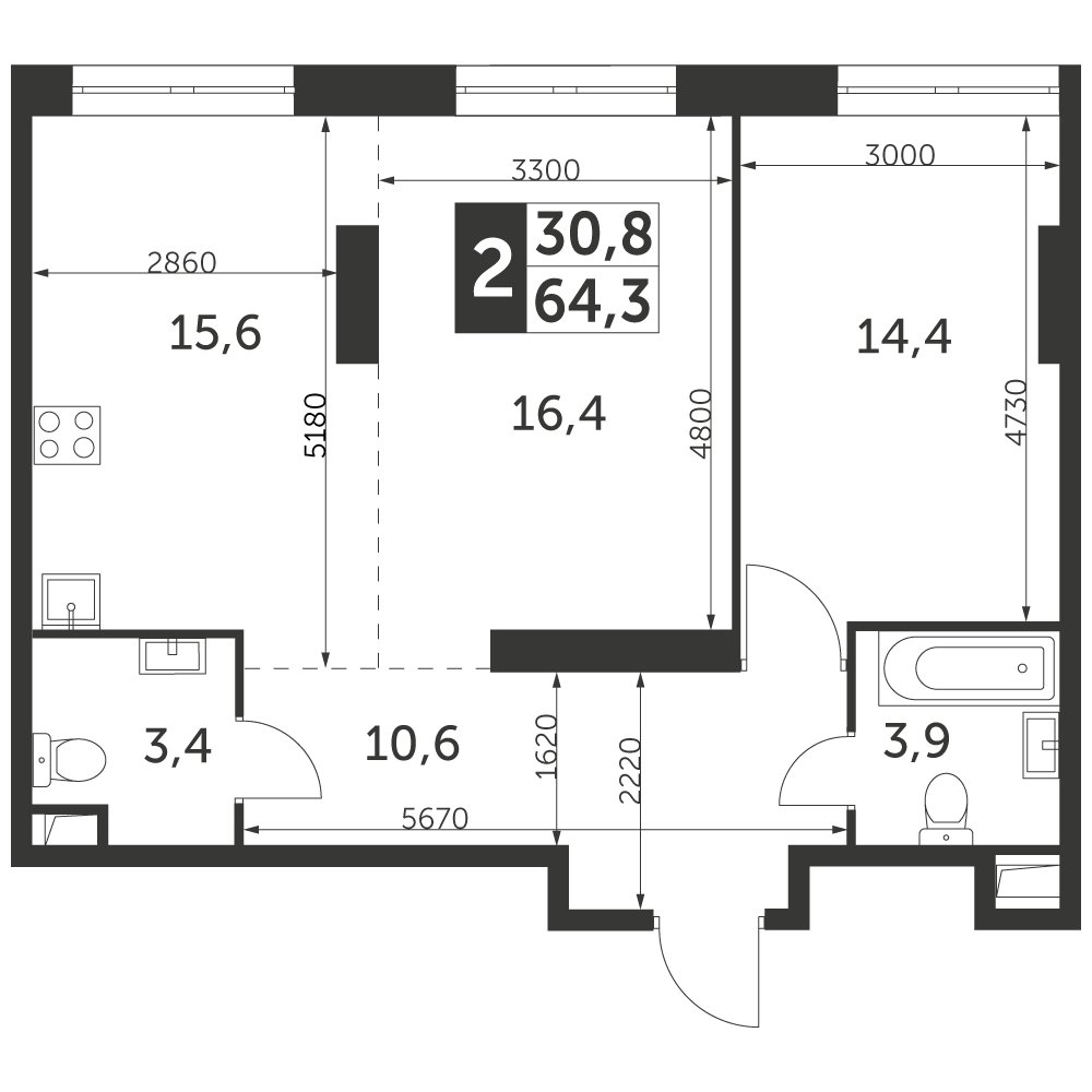 2-комнатная квартира без отделки, 64.3 м2, 40 этаж, дом сдан, ЖК Архитектор, корпус 3 - объявление 2378078 - фото №1