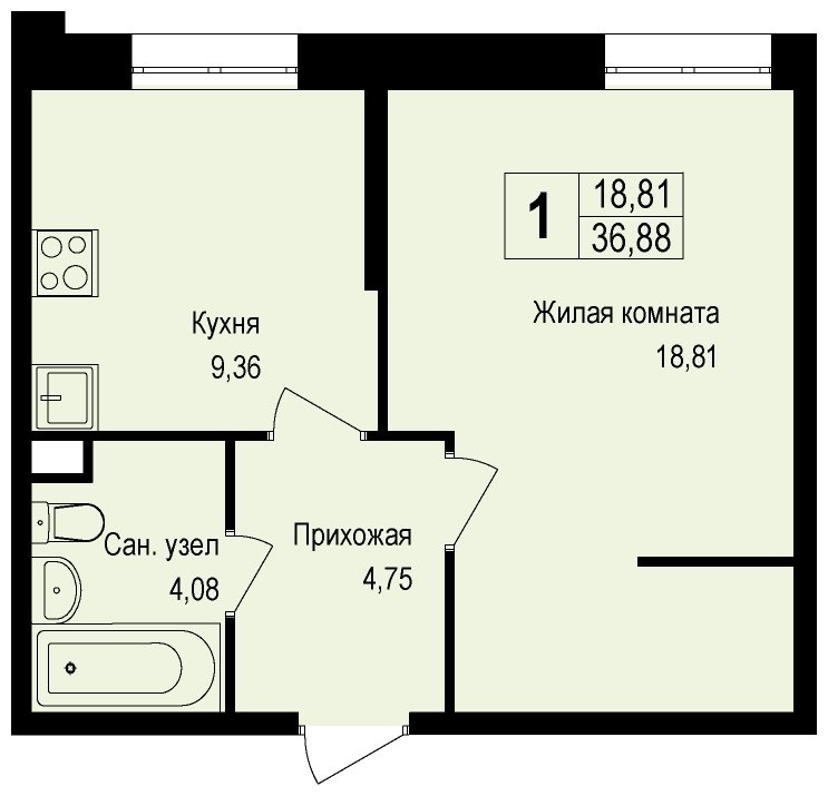 1-комнатная квартира без отделки, 37 м2, 1 этаж, дом сдан, ЖК Новая Щербинка, корпус 13 - объявление 1791164 - фото №1