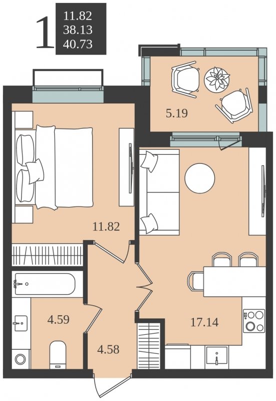 1-комнатная квартира без отделки, 40.73 м2, 5 этаж, сдача 1 квартал 2024 г., ЖК Мишино-2, корпус 8 - объявление 1748202 - фото №1