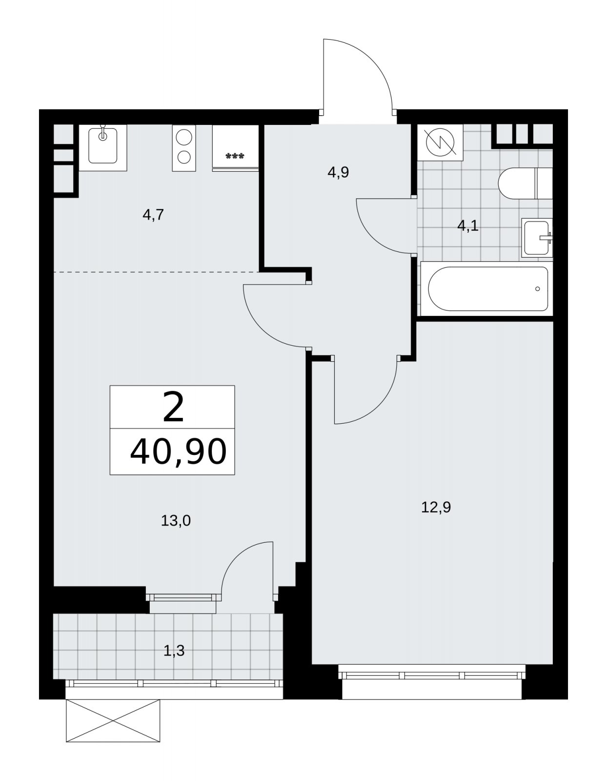 2-комнатная квартира (евро) с частичной отделкой, 40.9 м2, 4 этаж, сдача 4 квартал 2025 г., ЖК Бунинские кварталы, корпус 3.4 - объявление 2152046 - фото №1