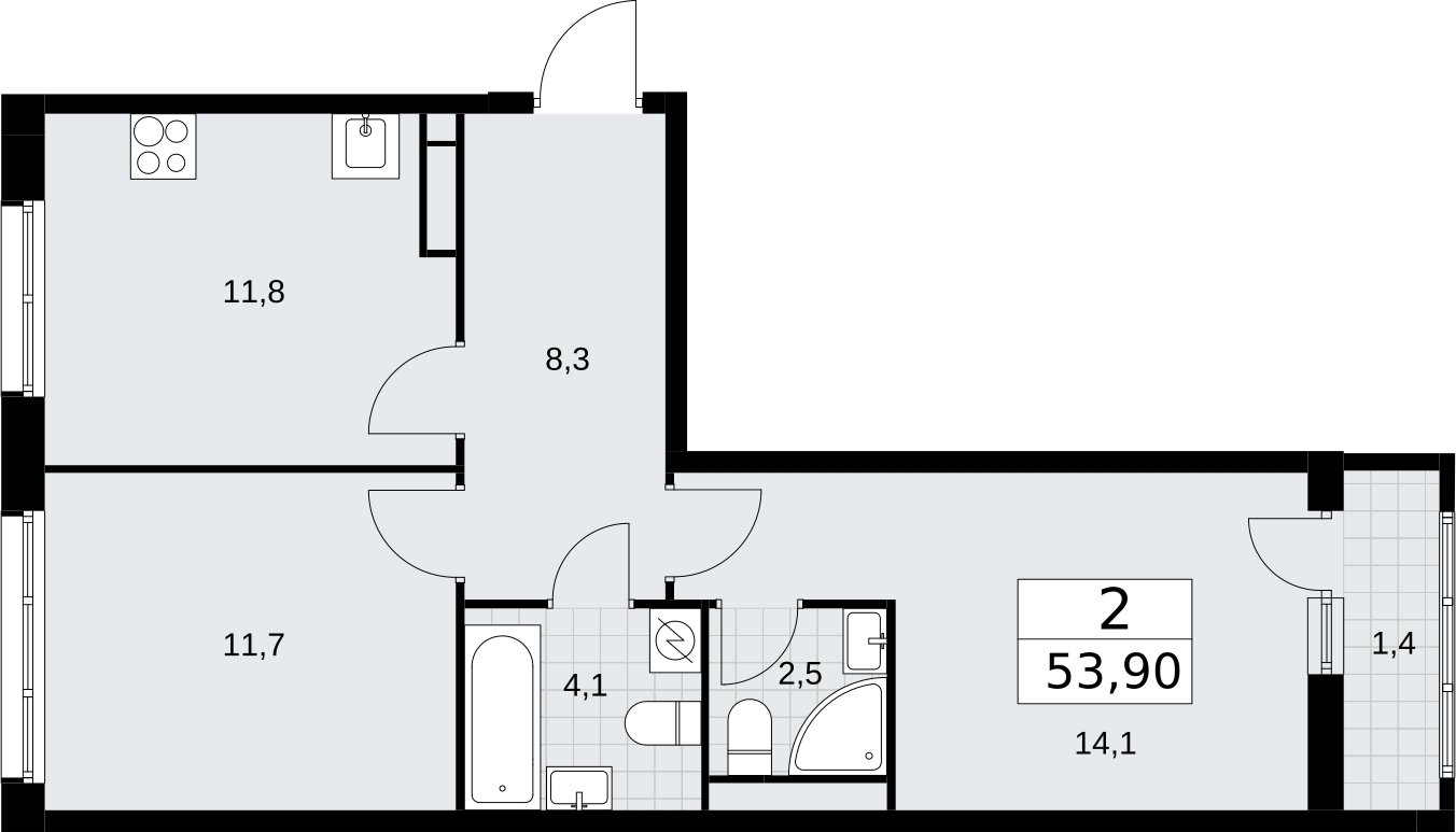 2-комнатная квартира с полной отделкой, 53.9 м2, 3 этаж, сдача 4 квартал 2026 г., ЖК Родные кварталы, корпус 1.2 - объявление 2317979 - фото №1