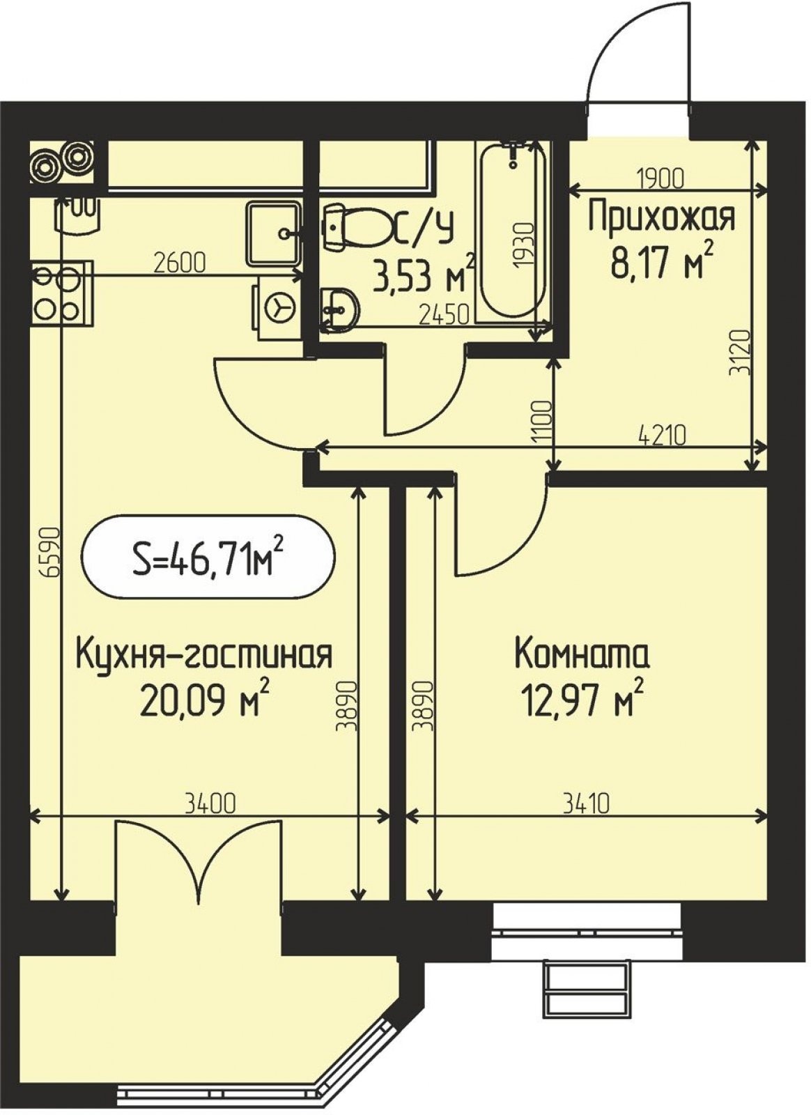 1-комнатная квартира с частичной отделкой, 46.71 м2, 1 этаж, сдача 4 квартал 2026 г., ЖК Мечта, квартал Дружба, корпус 3 - объявление 2408545 - фото №1