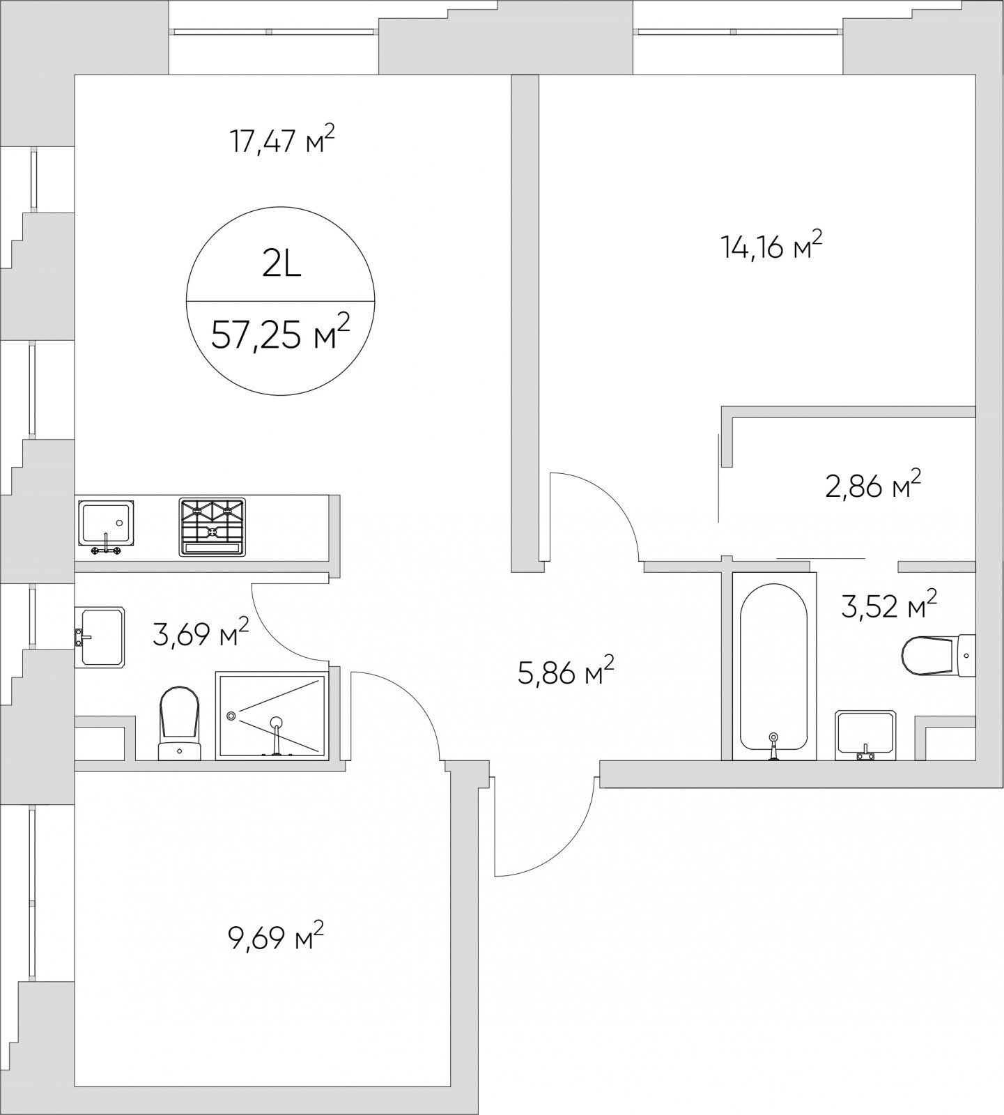 2-комнатные апартаменты без отделки, 57.25 м2, 16 этаж, дом сдан, ЖК N'ICE LOFT, корпус 1 - объявление 2171559 - фото №1
