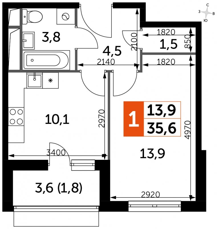 1-комнатная квартира с частичной отделкой, 35.6 м2, 10 этаж, сдача 3 квартал 2023 г., ЖК UP-квартал Римский, корпус 7 - объявление 1672317 - фото №1
