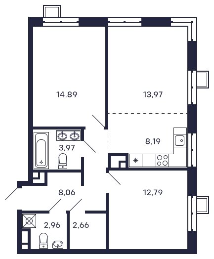 2-комнатная квартира без отделки, 67.49 м2, 23 этаж, сдача 2 квартал 2025 г., ЖК Квартал Тетрис, корпус "Квартал Тетрис 2.1" - объявление 1696592 - фото №1