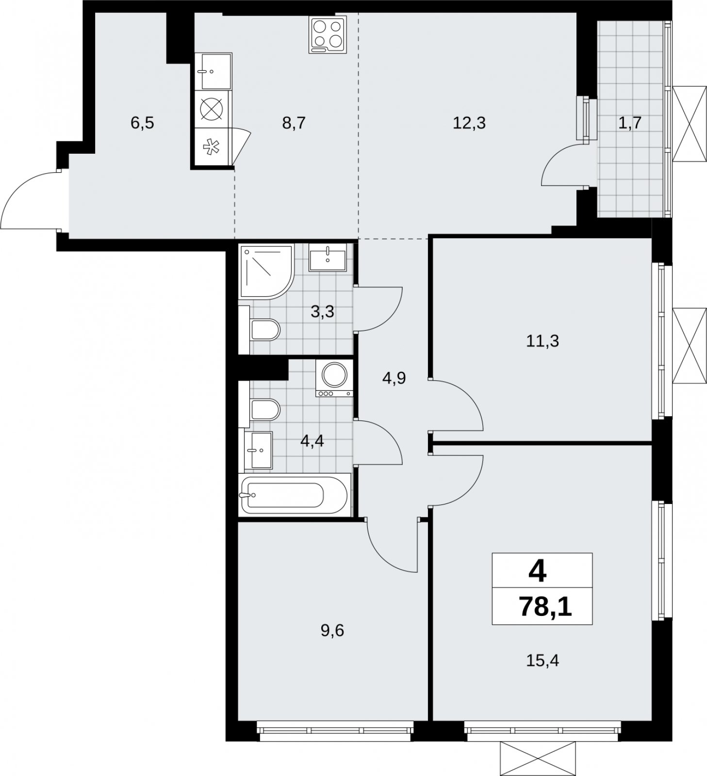 4-комнатная квартира (евро) с полной отделкой, 78.1 м2, 16 этаж, сдача 2 квартал 2026 г., ЖК Бунинские кварталы, корпус 9.3 - объявление 2324444 - фото №1