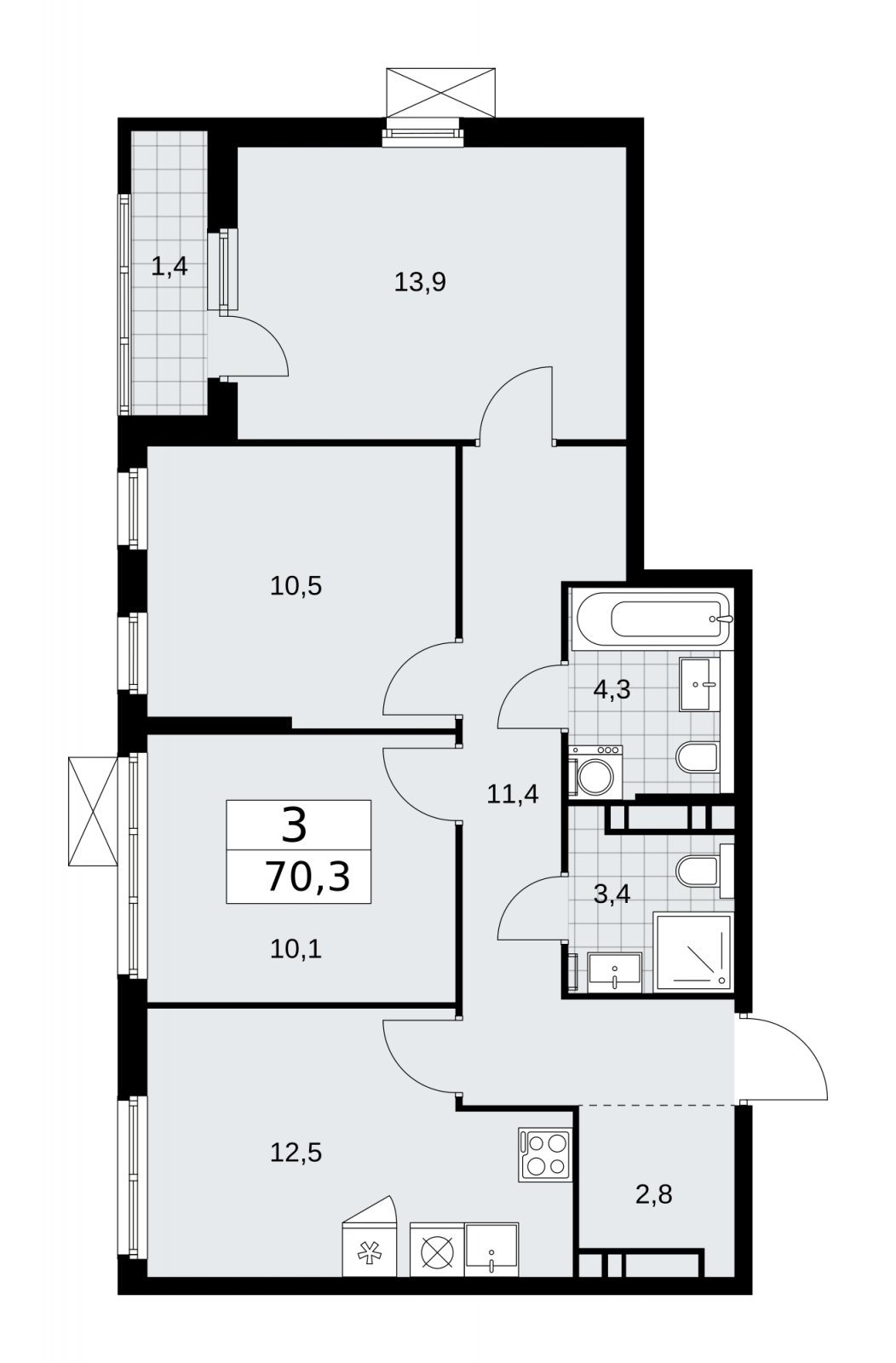 3-комнатная квартира с частичной отделкой, 70.3 м2, 10 этаж, сдача 2 квартал 2026 г., ЖК Прокшино, корпус 11.2.3 - объявление 2270391 - фото №1