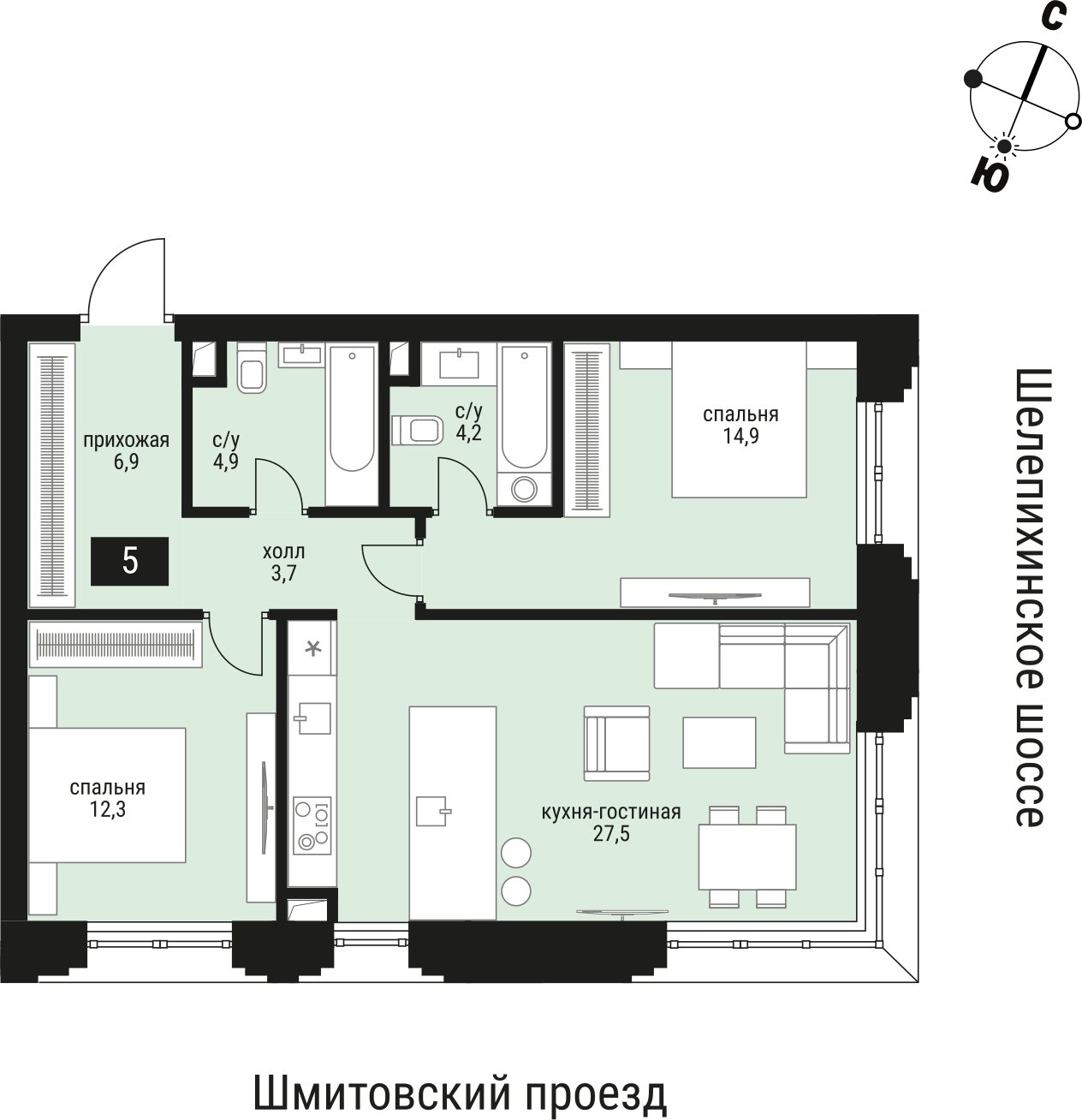 2-комнатная квартира без отделки, 74.4 м2, 2 этаж, сдача 2 квартал 2026 г., ЖК Шелепиха, корпус 1 - объявление 2383571 - фото №1