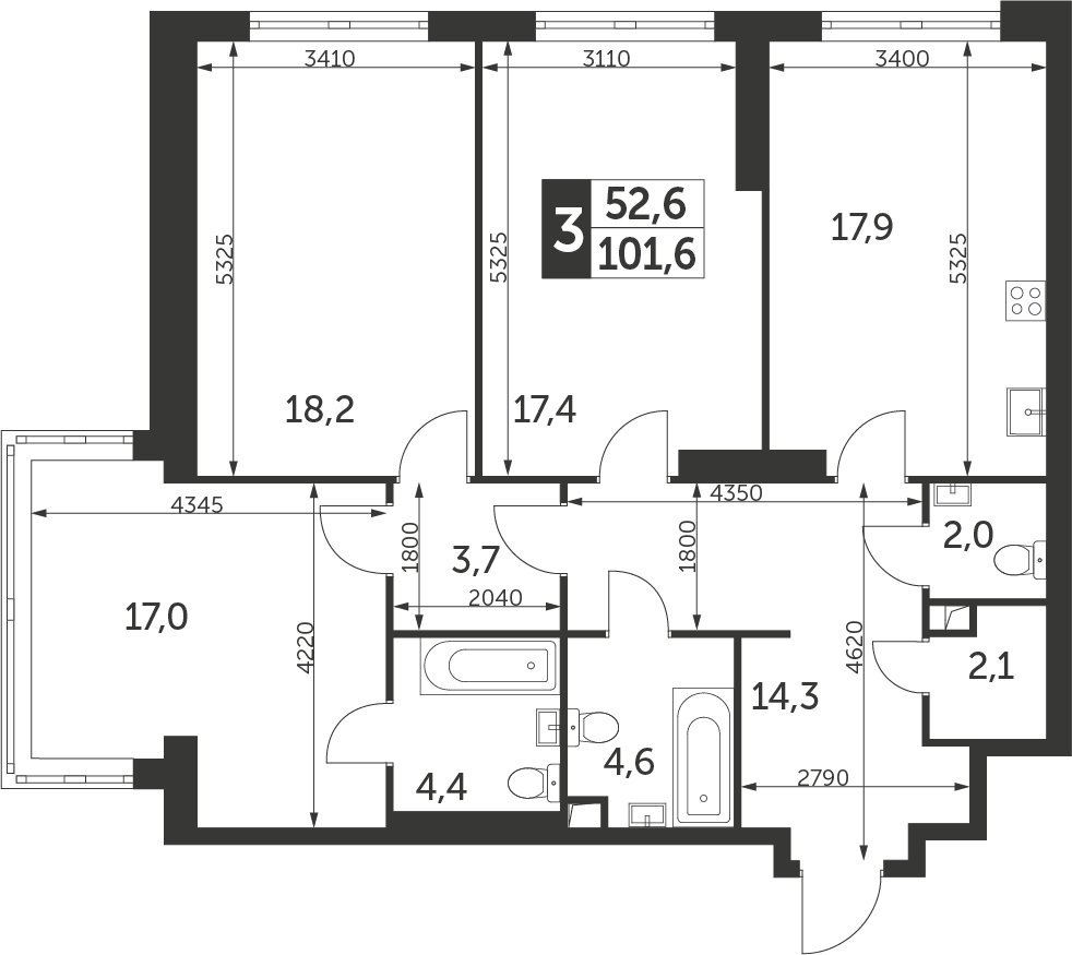 3-комнатная квартира без отделки, 101.6 м2, 26 этаж, дом сдан, ЖК Архитектор, корпус 1 - объявление 2332485 - фото №1