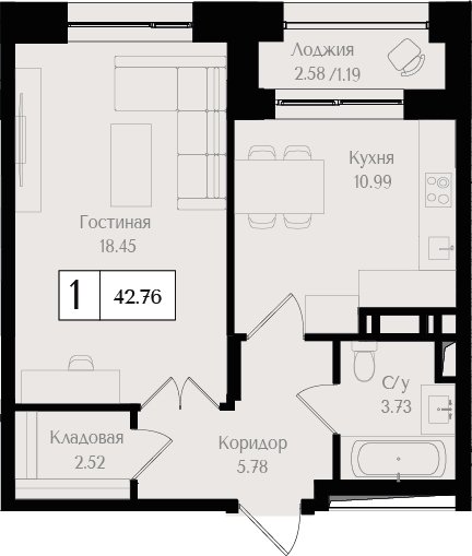 1-комнатная квартира без отделки, 42.76 м2, 16 этаж, сдача 3 квартал 2024 г., ЖК Преображенская площадь, корпус 1 - объявление 2279777 - фото №1