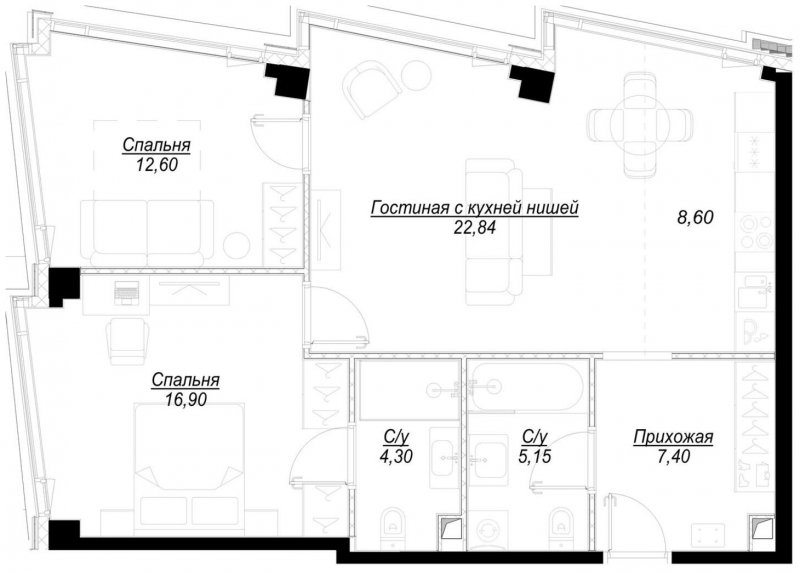 2-комнатная квартира с частичной отделкой, 77.8 м2, 33 этаж, сдача 1 квартал 2023 г., ЖК Hide, корпус WestDale - объявление 1707120 - фото №1