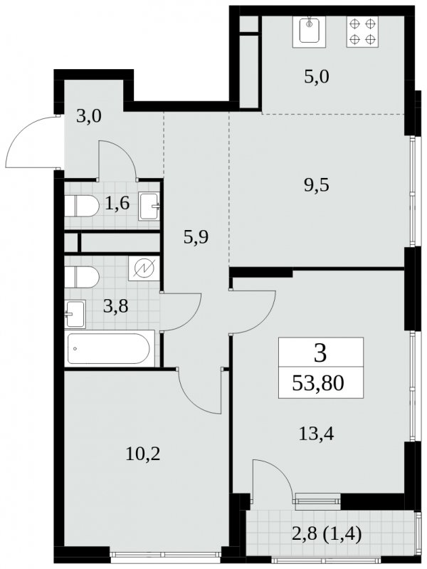 3-комнатная квартира (евро) без отделки, 53.8 м2, 14 этаж, сдача 2 квартал 2025 г., ЖК Южные сады, корпус 2.4 - объявление 1760247 - фото №1