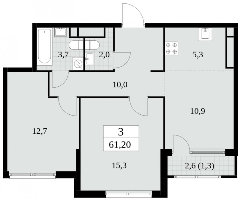 3-комнатная квартира (евро) без отделки, 61.2 м2, 18 этаж, сдача 2 квартал 2025 г., ЖК Южные сады, корпус 2.4 - объявление 1760488 - фото №1