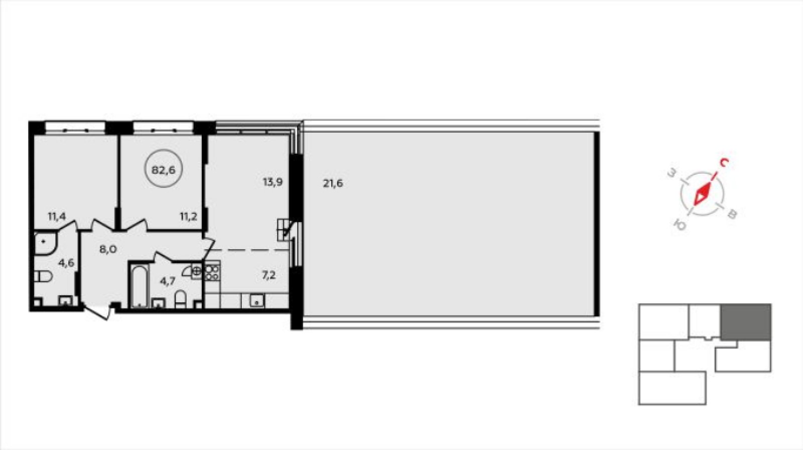 3-комнатная квартира (евро) с полной отделкой, 82.6 м2, 2 этаж, сдача 3 квартал 2024 г., ЖК Скандинавия, корпус 2.22.4 - объявление 2052228 - фото №1
