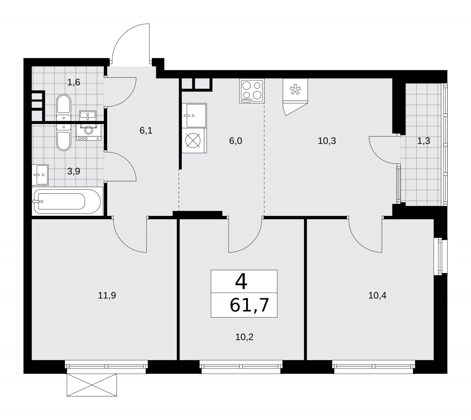 4-комнатная квартира (евро) без отделки, 61.7 м2, 14 этаж, сдача 1 квартал 2026 г., ЖК Деснаречье, корпус 4.1 - объявление 2263507 - фото №1