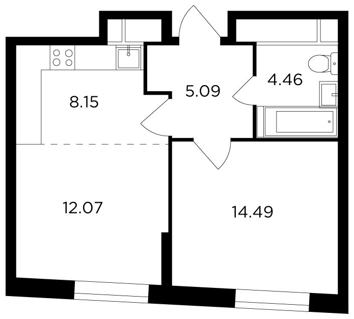 2-комнатная квартира без отделки, 44.26 м2, 22 этаж, дом сдан, ЖК КутузовGRAD 2, корпус 6 - объявление 1806044 - фото №1