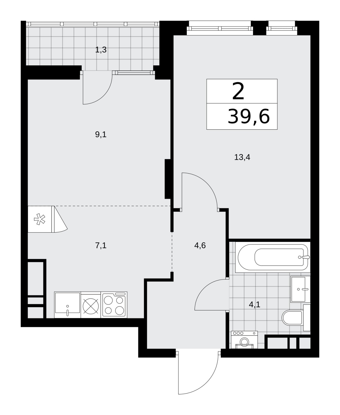 2-комнатная квартира (евро) с частичной отделкой, 39.6 м2, 13 этаж, сдача 2 квартал 2026 г., ЖК Деснаречье, корпус 4.5 - объявление 2264575 - фото №1