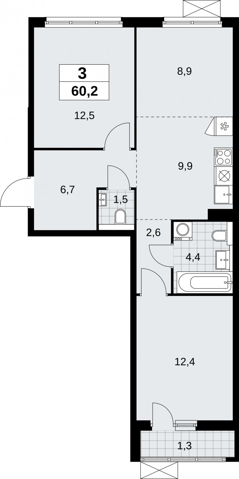 3-комнатная квартира (евро) без отделки, 60.2 м2, 5 этаж, сдача 2 квартал 2026 г., ЖК Бунинские кварталы, корпус 9.1 - объявление 2323963 - фото №1