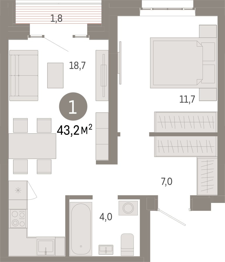 1-комнатная квартира с частичной отделкой, 43.2 м2, 10 этаж, сдача 3 квартал 2026 г., ЖК Квартал Метроном, корпус 1 - объявление 2342521 - фото №1