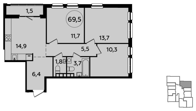 3-комнатная квартира с полной отделкой, 69.5 м2, 20 этаж, сдача 2 квартал 2024 г., ЖК Южные сады, корпус 1.1 - объявление 1512062 - фото №1