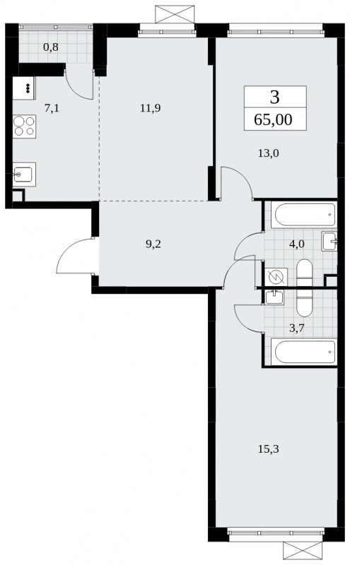 3-комнатная квартира (евро) с частичной отделкой, 65 м2, 2 этаж, сдача 3 квартал 2025 г., ЖК Дзен-кварталы, корпус 2.2 - объявление 1932365 - фото №1