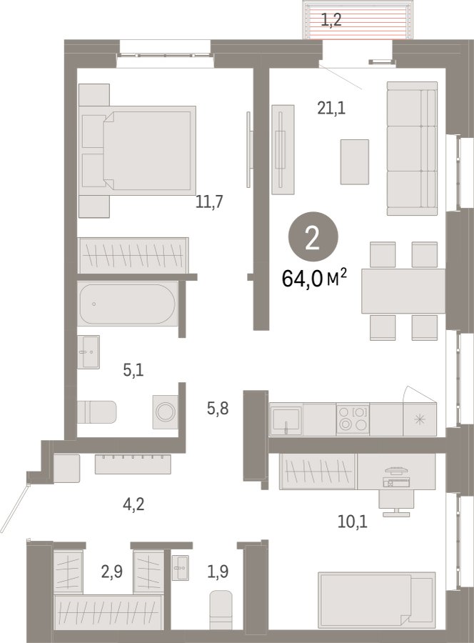 2-комнатная квартира с частичной отделкой, 64 м2, 11 этаж, сдача 3 квартал 2026 г., ЖК Квартал Метроном, корпус 1 - объявление 2358145 - фото №1