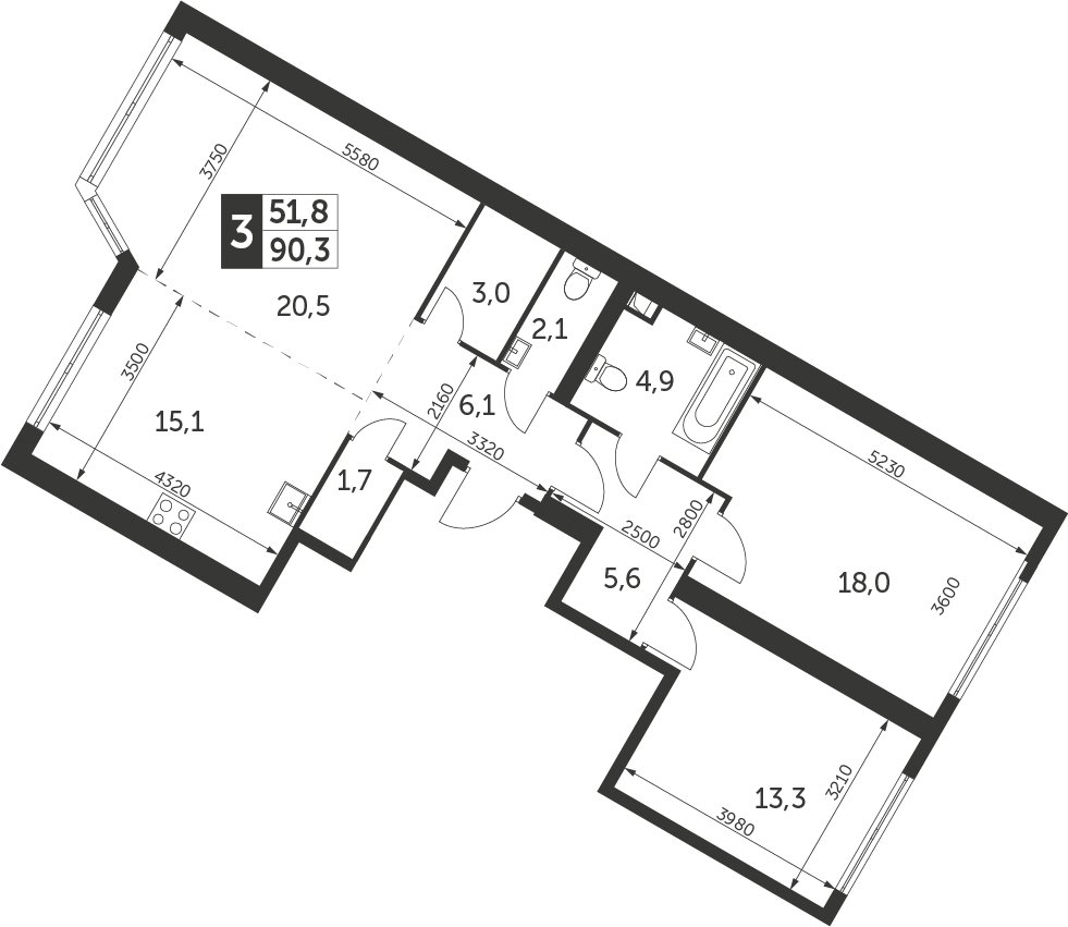 3-комнатная квартира с частичной отделкой, 90.3 м2, 39 этаж, дом сдан, ЖК Архитектор, корпус 1 - объявление 2348222 - фото №1