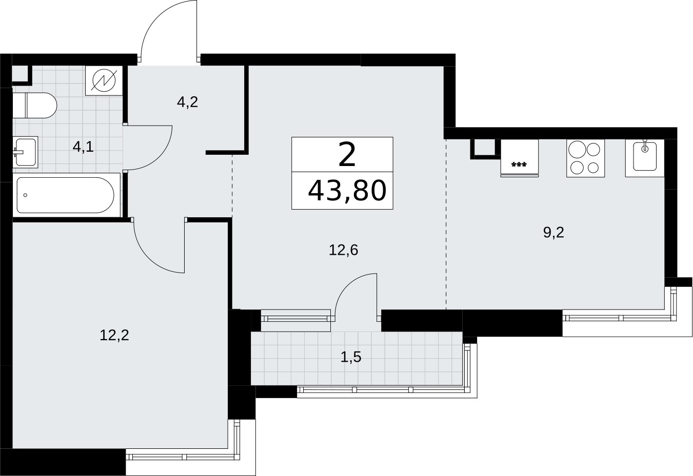 2-комнатная квартира (евро) без отделки, 43.8 м2, 2 этаж, сдача 3 квартал 2026 г., ЖК Родные кварталы, корпус 3.5 - объявление 2378707 - фото №1