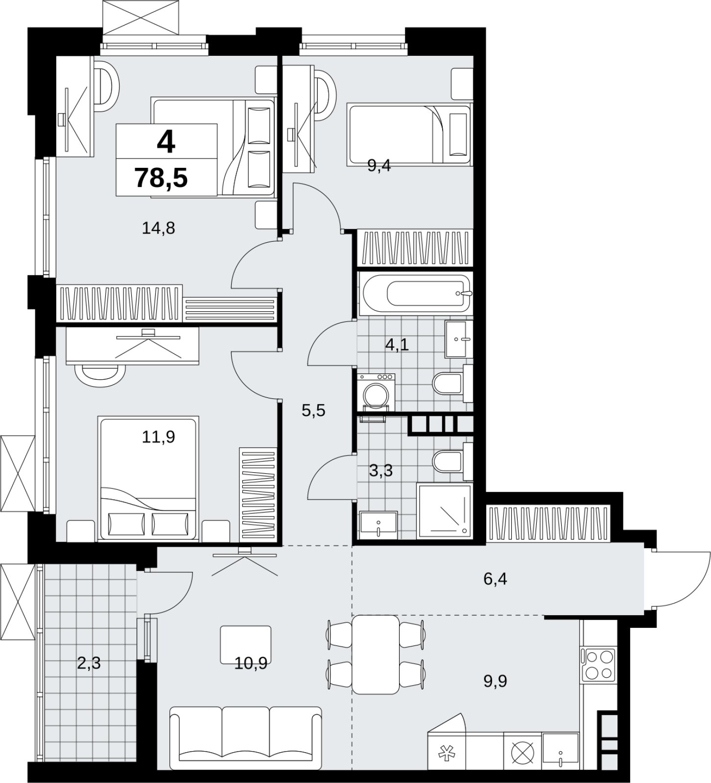 4-комнатная квартира (евро) без отделки, 78.5 м2, 9 этаж, сдача 4 квартал 2026 г., ЖК Скандинавия, корпус 2.18.2.6 - объявление 2351779 - фото №1