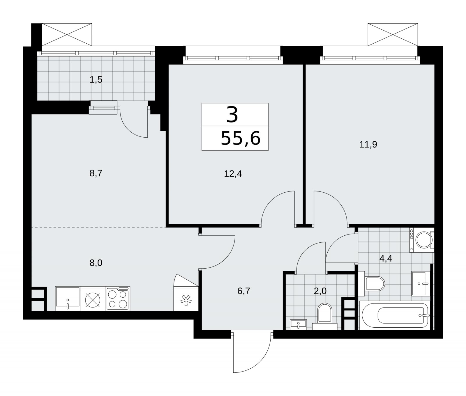 3-комнатная квартира (евро) с частичной отделкой, 55.6 м2, 3 этаж, сдача 2 квартал 2026 г., ЖК Скандинавия, корпус 25.1 - объявление 2283326 - фото №1