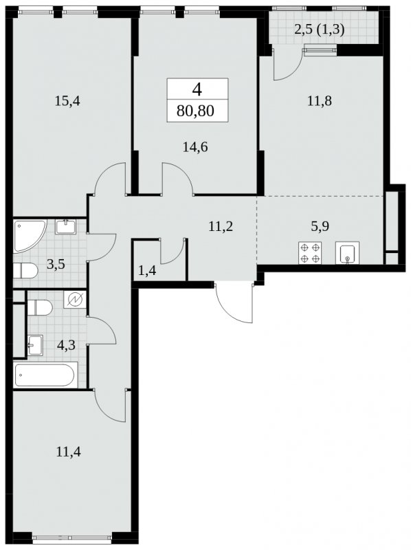 4-комнатная квартира (евро) без отделки, 80.8 м2, 9 этаж, сдача 2 квартал 2025 г., ЖК Южные сады, корпус 2.4 - объявление 1760221 - фото №1