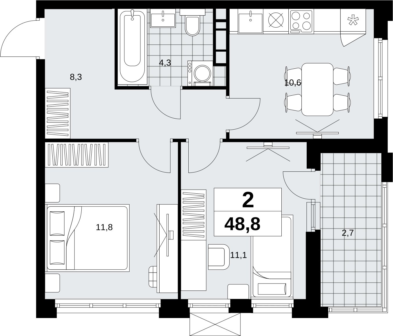 2-комнатная квартира с полной отделкой, 48.8 м2, 13 этаж, сдача 1 квартал 2027 г., ЖК Скандинавия, корпус 2.18.2.3 - объявление 2351428 - фото №1