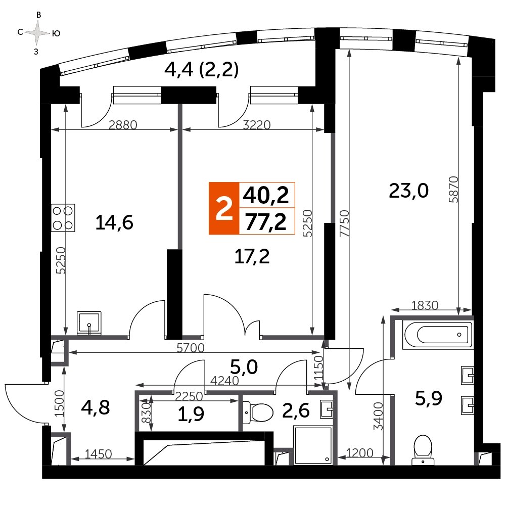 2-комнатная квартира с частичной отделкой, 77.2 м2, 16 этаж, сдача 3 квартал 2024 г., ЖК Sydney City, корпус 2.2 - объявление 2346761 - фото №1