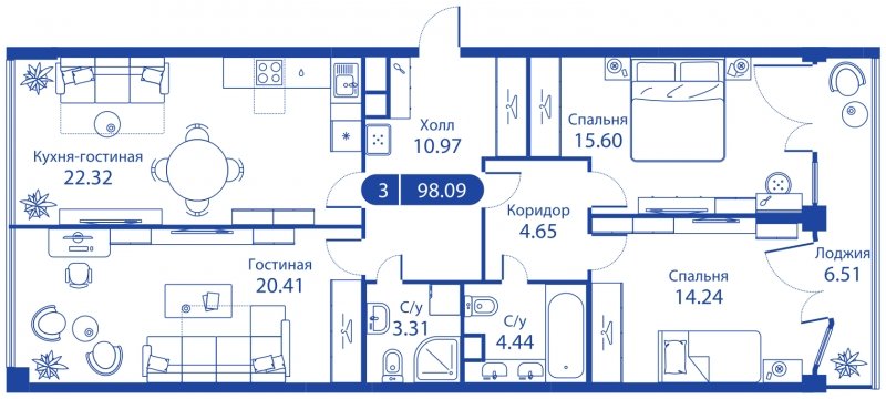 3-комнатная квартира без отделки, 95.8 м2, 11 этаж, дом сдан, ЖК iLove, корпус 1 - объявление 1811161 - фото №1