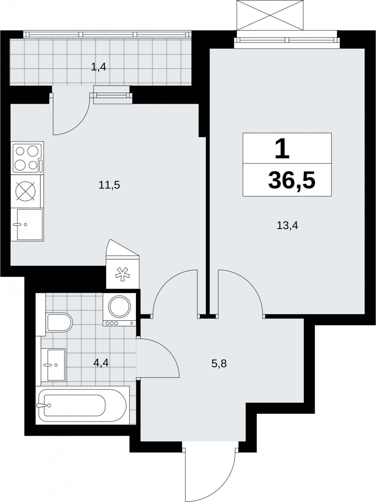 1-комнатная квартира без отделки, 36.5 м2, 14 этаж, сдача 2 квартал 2026 г., ЖК Бунинские кварталы, корпус 9.1 - объявление 2323852 - фото №1