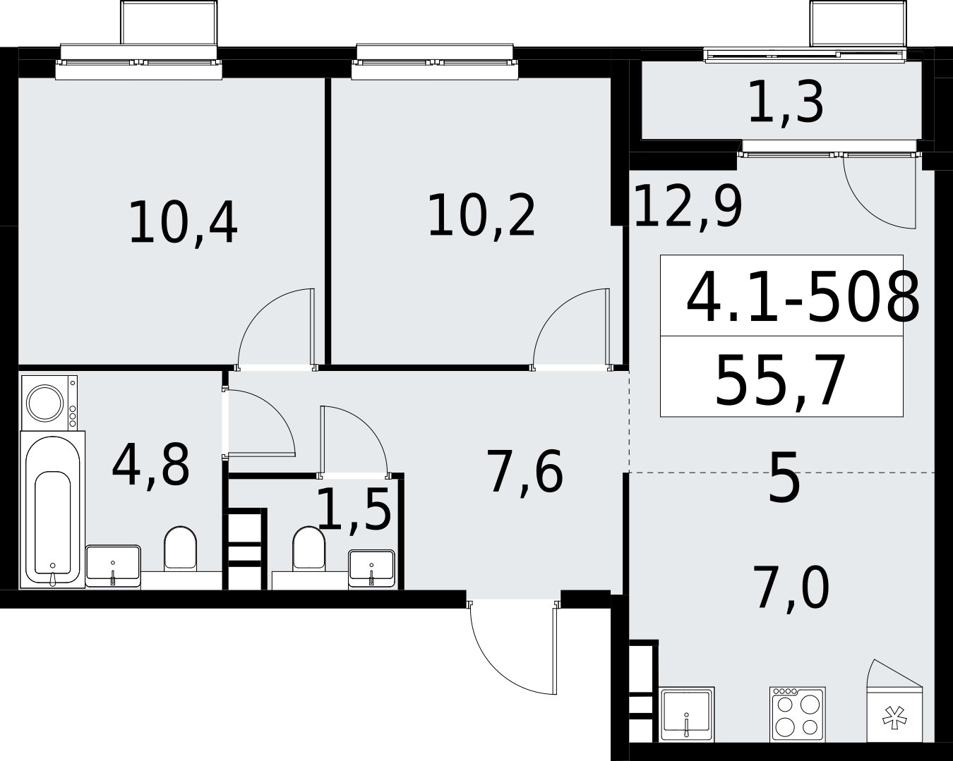 3-комнатная квартира (евро) с полной отделкой, 55.7 м2, 17 этаж, сдача 2 квартал 2027 г., ЖК Южные сады, корпус 4.1.2 - объявление 2393013 - фото №1