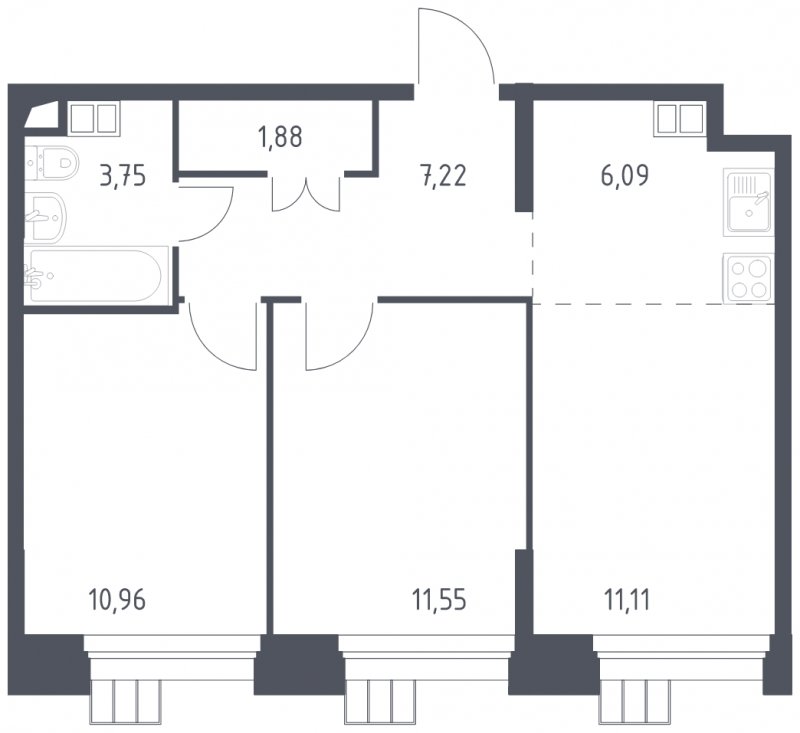 3-комнатные апартаменты с полной отделкой, 52.56 м2, 11 этаж, сдача 1 квартал 2023 г., ЖК Тропарево Парк, корпус 1.1 - объявление 1607786 - фото №1