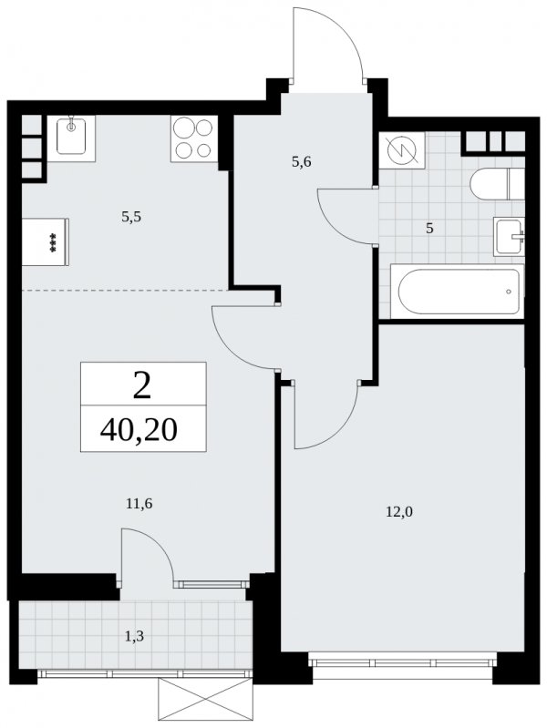 2-комнатная квартира (евро) без отделки, 40.2 м2, 5 этаж, сдача 1 квартал 2025 г., ЖК Бунинские кварталы, корпус 2.3 - объявление 1882563 - фото №1