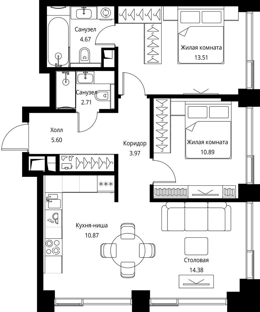 2-комнатная квартира с частичной отделкой, 66.97 м2, 39 этаж, сдача 3 квартал 2026 г., ЖК City Bay, корпус North Ocean 5 - объявление 2343399 - фото №1
