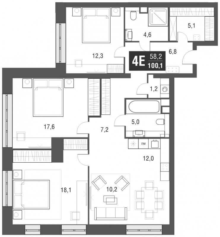 4-комнатная квартира (евро) с частичной отделкой, 100.1 м2, 2 этаж, сдача 2 квартал 2024 г., ЖК AFI Tower, корпус 1 - объявление 1930771 - фото №1
