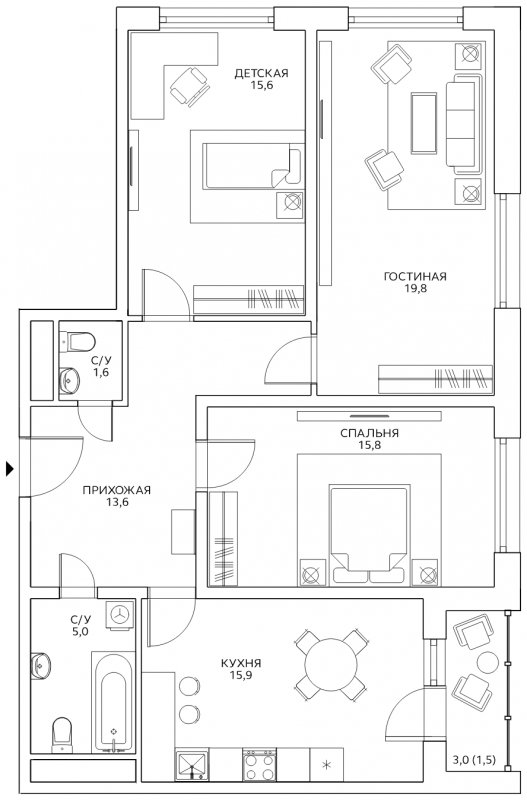 3-комнатная квартира с полной отделкой, 88.8 м2, 25 этаж, сдача 4 квартал 2022 г., ЖК Авиатика, корпус 3 - объявление 1805990 - фото №1