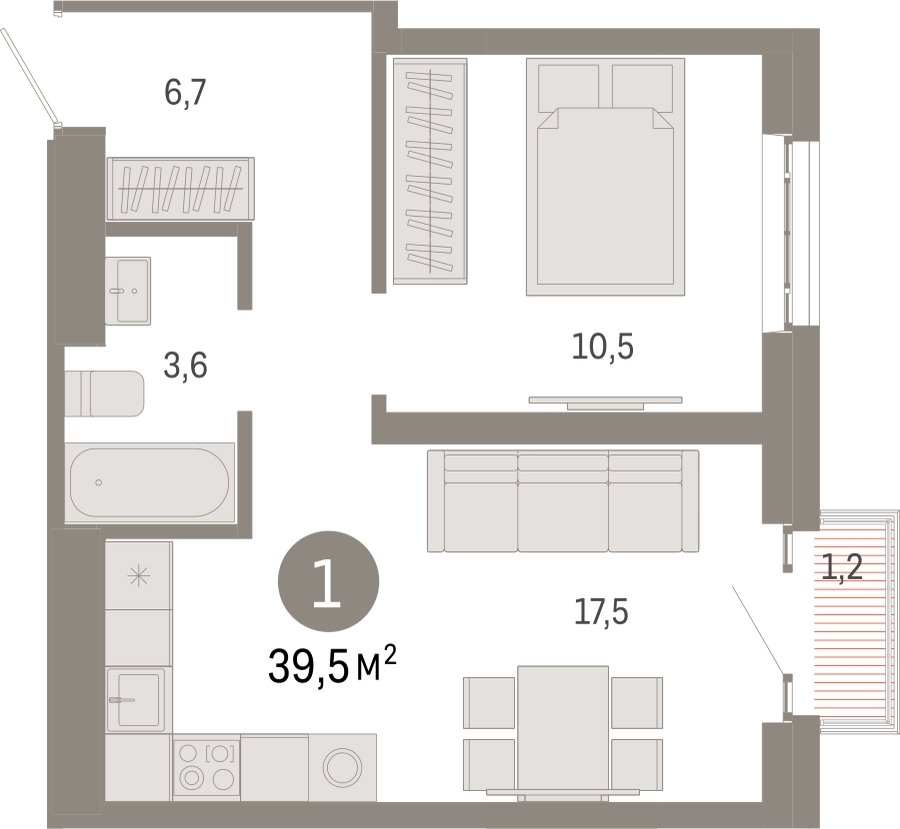 1-комнатная квартира с частичной отделкой, 39.5 м2, 28 этаж, сдача 3 квартал 2026 г., ЖК Квартал Метроном, корпус 1 - объявление 2300769 - фото №1